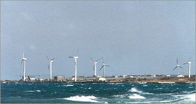 済州道の海岸沿いに並ぶ風力発電機