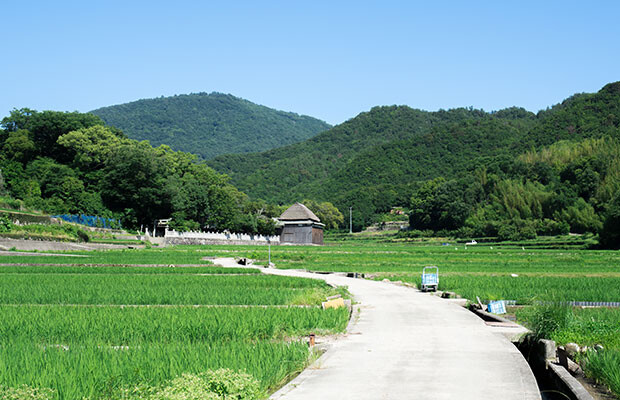 山々に囲まれた美しい田園地帯にある肥土山農村歌舞伎舞台。