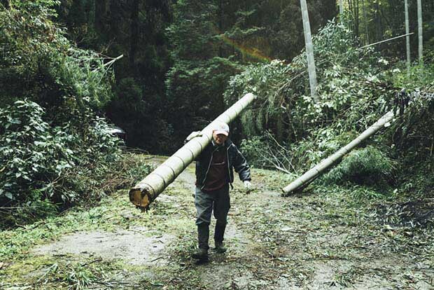 山から竹を切り出す切子さん。生育が早く、エコ素材と言われる竹だが加工難易度の高さと輸入素材の台頭によって竹箸づくりは衰退。切子さんも現在は数えるほどに。