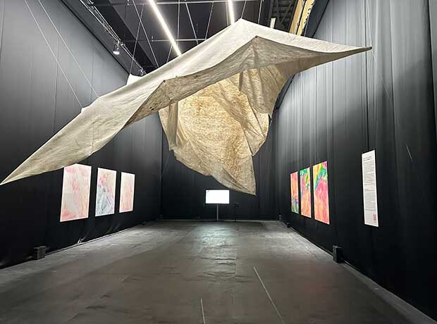 ジョヴァンニ・ベッティ + カタリーナ・フレックによるターポリンを使った作品『Invisible Mountain』。壁面には気温上昇により発生する氷雪藻の色を元に生成されたデジタルグラフィックを展示。