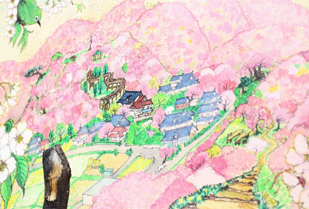 未来のいわき市の姿を描いた、桜が満開になった山々の絵
