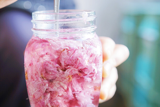 桜の花びらがたっぷり入った瓶に水と砂糖でつくったシロップを流し入れている写真。