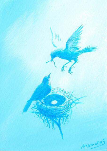 鈴木まもるさんの絵「新しい命」。巣の中に１つの卵と２匹の親鳥が描かれている