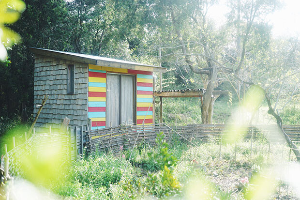 赤、黄、青に塗られたカラフルな壁の小屋の写真。
