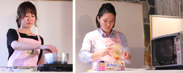 写真左は、料理家アシスタントの女性が通常の工程で調理する様子、右は主婦の女性が調理バッグを使う様子。
