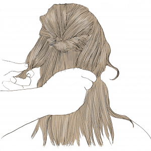 残しておいた、両方の横の髪の毛を結びます。この時に、（2）でつくったくるりんぱの下で結ぶことがポイントです