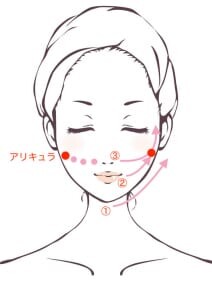 鼻の横〜アリキュラ（奥歯をかみしめると動く部分）までのほお骨の下のくぼみを、下から上げるようにマッサージ＆プッシュします。最後に、くるくると円を描くようにマッサージしてください