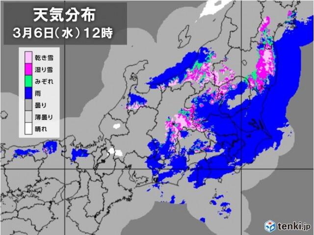 6日　関東甲信は昼頃まで雨　山沿いは大雪の所も　強い北風　真冬のような寒さ