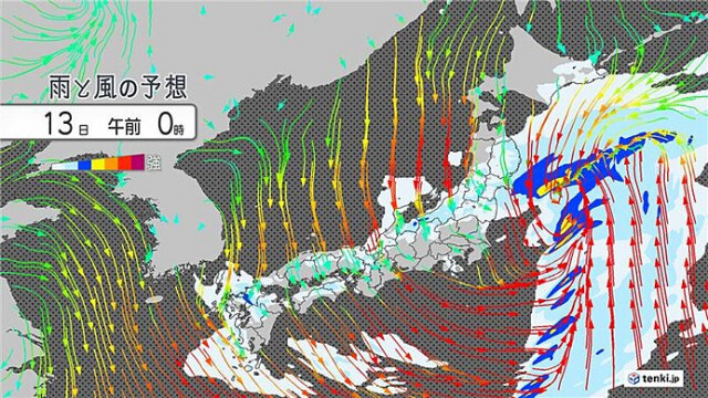 関東〜東北　明日13日朝にかけて沿岸部中心に台風並みの暴風　大雨にも注意・警戒