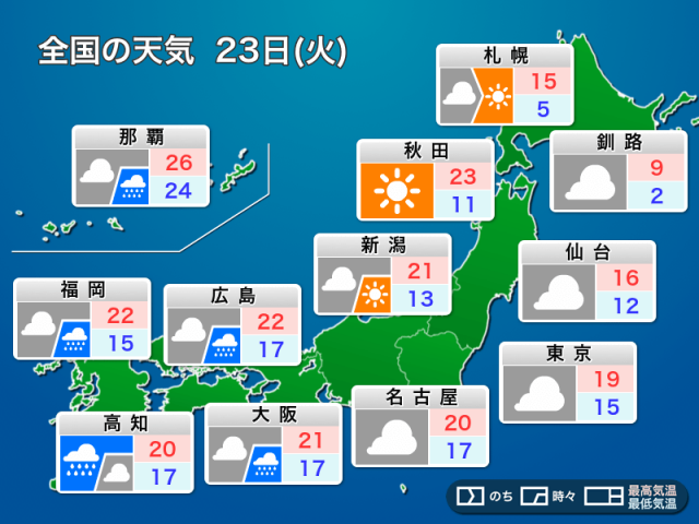 明日23日(火)の天気予報　西日本太平洋側で雨強まる　各地で雲多い空