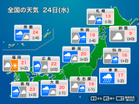 今日24日(水)の天気予報　関東は朝から本降りの雨　西日本は西から天気回復へ