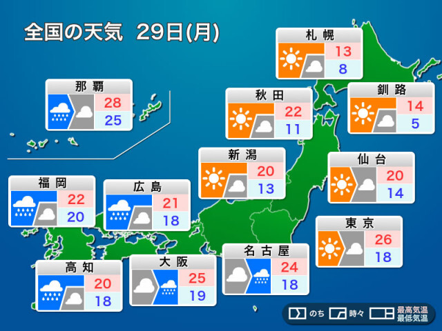 明日4月29日(月)の天気予報　昭和の日は西から雨の範囲が拡大　関東や北日本は日差し届く