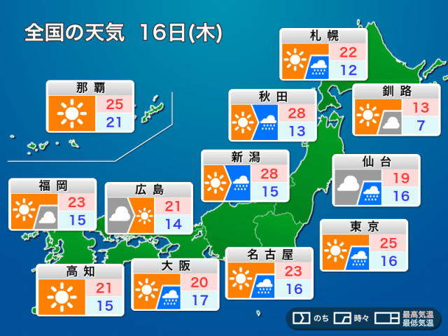 明日16日(木)の天気予報 大気の状態が不安定　日本海側を中心に雷雨などのおそれ