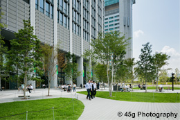 イベント広場：平日の木陰のテラスはオフィスで働く人々の憩いの空間として人気が高い