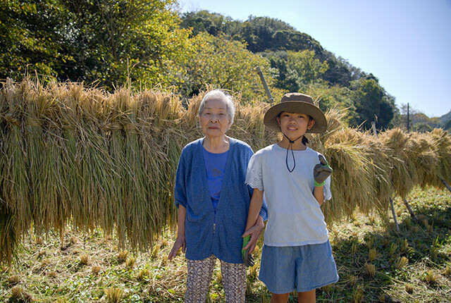 稲刈り後の田んぼに立つ母と娘