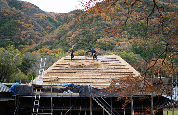 2021年12月、紅葉する山に囲まれて、屋根の葺き替え工事。