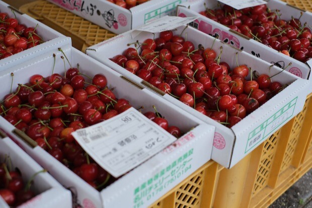 シーズンには、〈名川チェリーセンター〉に採りたてのさくらんぼが詰まった箱が、所狭しに並びます。