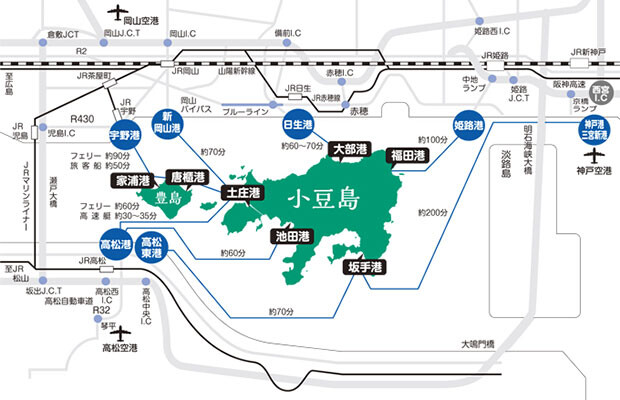 小豆島へのアクセス案内マップ。
