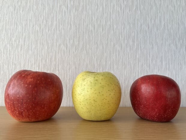 奥州オリジナルブランドりんご。左から〈江刺ロマン〉〈藤原ロマン〉〈奥州ロマン〉。