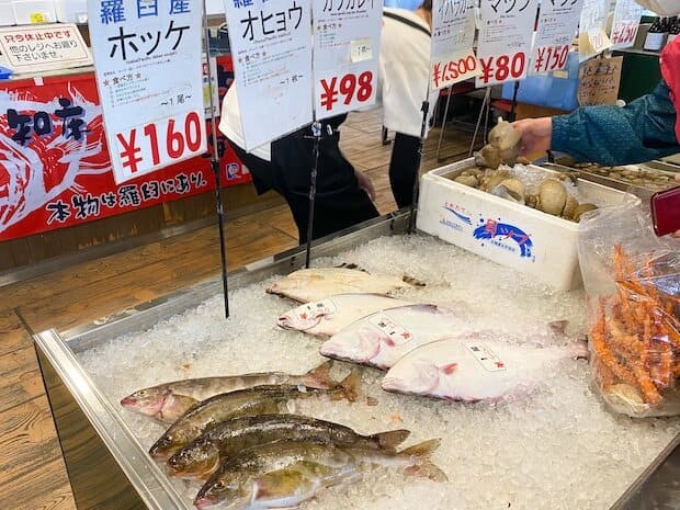 羅臼で鮮魚を買うなら、道の駅〈知床・らうす〉の隣、羅臼漁協直営の〈海鮮工房〉へ。その日にとれた魚たちが並んでいるので、旬の魚を知るのにももってこいです！