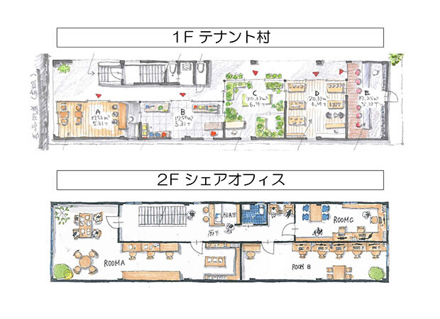 １〜２階の平面と未来予想図。スケッチの左側が前面に走る、歴史ある長崎街道。