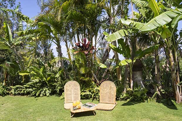 外部が見えないように、バナナリーフやココヤシ、マダガスカルジャスミンなどハワイでも沖縄でも育つ植物に囲まれたガーデン。