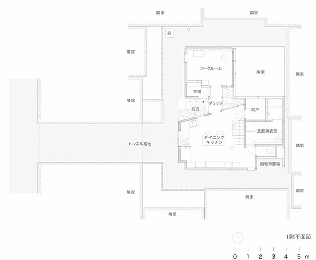改修後の１階平面図。かつての納戸はワークルーム（書斎）に変更。