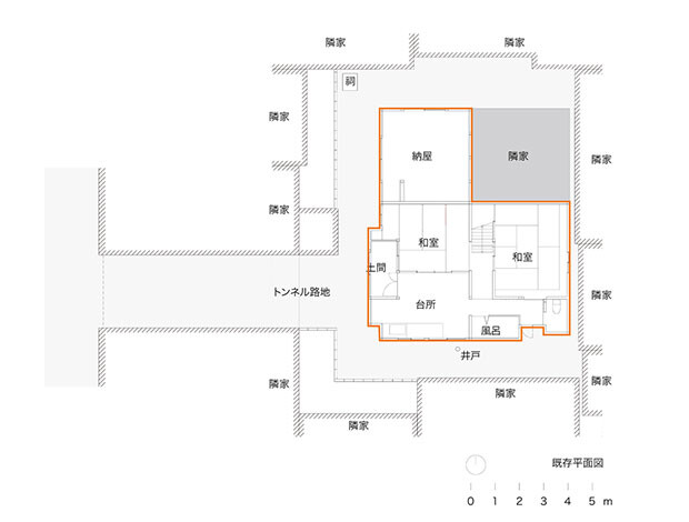 既存図面。トンネル路地の先にある長屋。枠内が該当部分。
