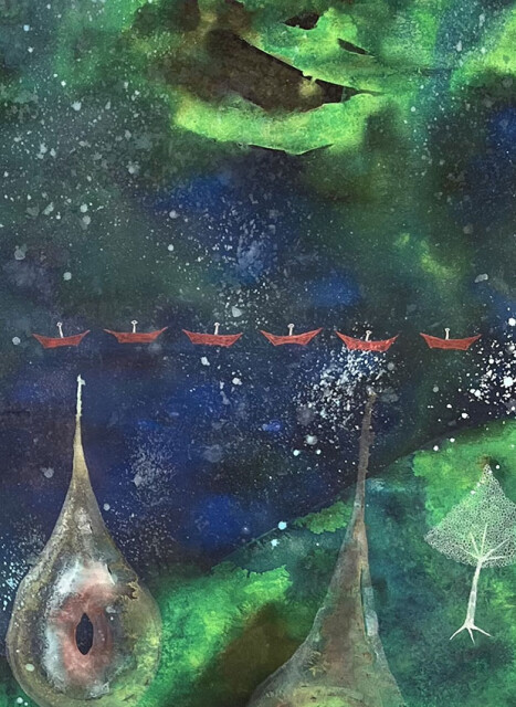 「I am in the center, I never moved.」部分。６隻の赤い舟が描かれている。
