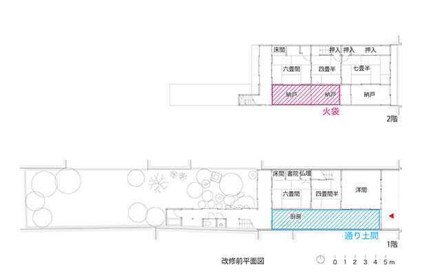 既存図面。玄関から続く「通り土間」、その上の床を撤去して「火袋」として復活させる。