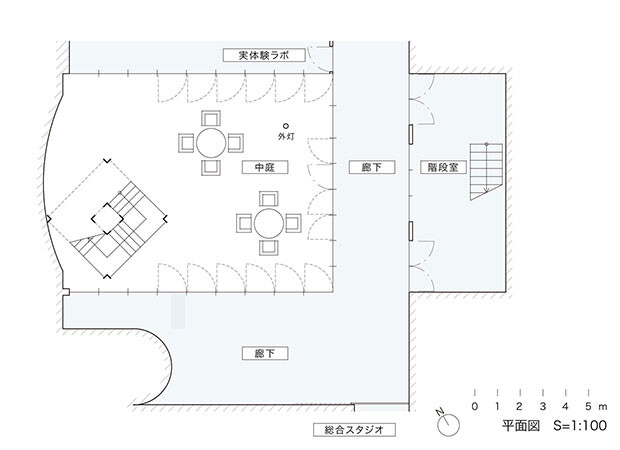北側の「実体験ラボ」は実際に座って学べるよう、名作椅子がズラリと並んでいる部屋。南側の「総合スタジオ」はファッションショーの練習などができるスタジオ。