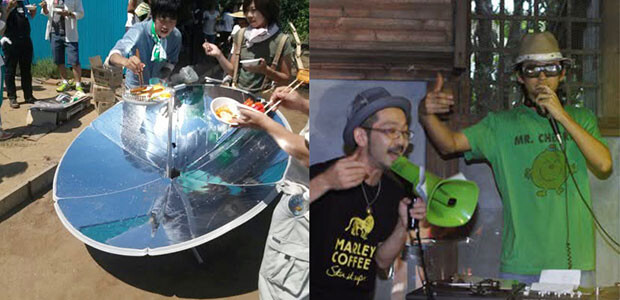 gdmの様子。ソーラークッカーでBBQ。右の写真は、gdmメンバーの〈SlowCoffee〉の小澤陽祐さんと、オーガニックレストラン〈CAMOO〉の伊藤淳さん。