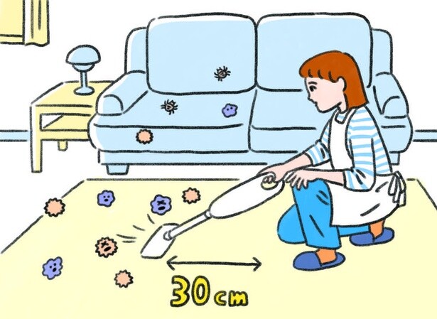 ソファー、ラグ、マットレスには、ブラシつきのヘッドや布団用ツールを使うと◎。30cm幅くらいずつ細かく動かして