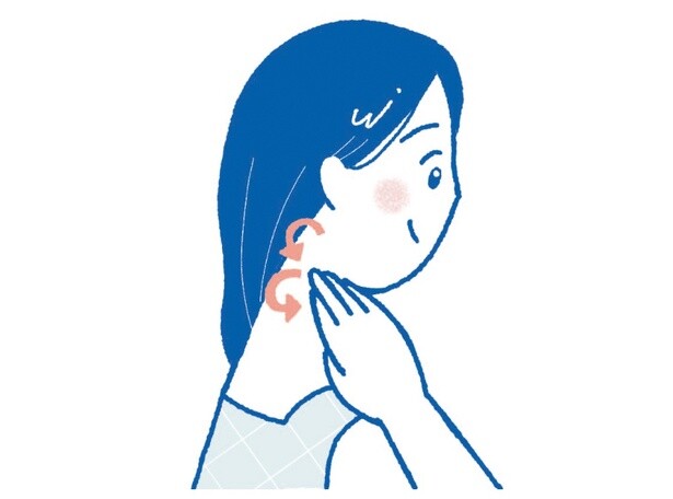 1. 耳の後ろから下にかけて小さく「の」の字を書くように3秒ほぐす（▶︎2に続く）