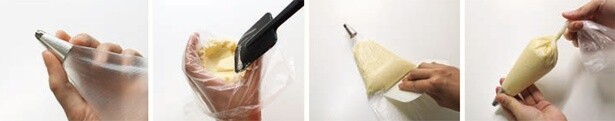 口金を入れた絞り袋に生地を入れる