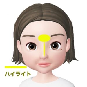 眉頭と眉頭の間にブラシをおいたら、そこから鼻先に向かってまっすぐブラシをおろします。細長にハイライトを入れることで、より縦長効果がUPします