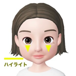 細いブラシを使って、黒目下部分に逆三角形を描くようにハイライトを入れます。逆三角形のように入れることで、頬に高さを出してふっくらとした印象に仕上げます