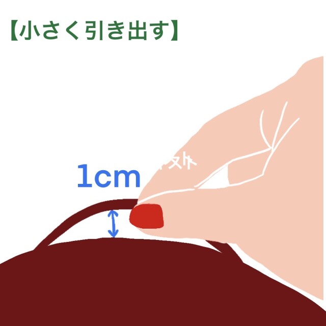 人差し指の半分くらいの毛束を親指と人差し指でつまみ、頭皮に対して垂直に約1センチほど引き出します。細い毛束なので、爪にひっかけて引き出すとやりやすいです
