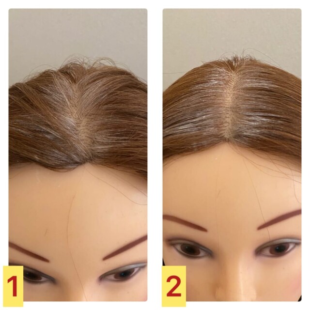 こちらの2つのお写真の違いがわかりますでしょうか？　（1）は分け目をぼかした状態で、（2）はしっかりと分け目をつけた状態です