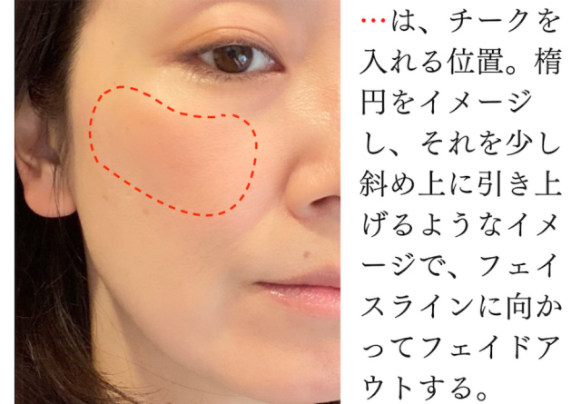 少し大きめのブラシで、鼻の横あたりからフェイスラインに向かって入れましょう