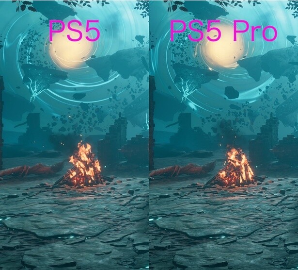 PS5 Proの方が、真ん中の焚き火や手前の床が少し滑らかに表示されている