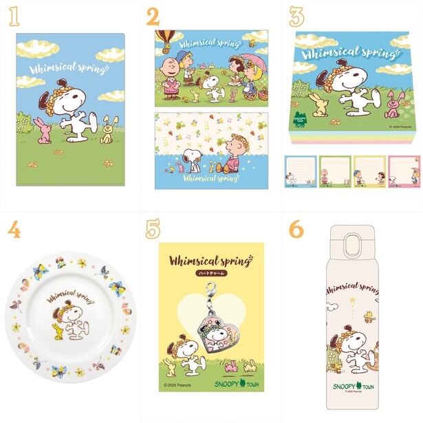 1.「クリアファイルA5見開き」(385円)　2.「アートカード2枚セット」(330円)　3.「4層ブロックメモ」(440円)　4.「プレート」(1760円)　5.「チャーム」(880円)　6.「ワンプッシュボトル」(3630円)　