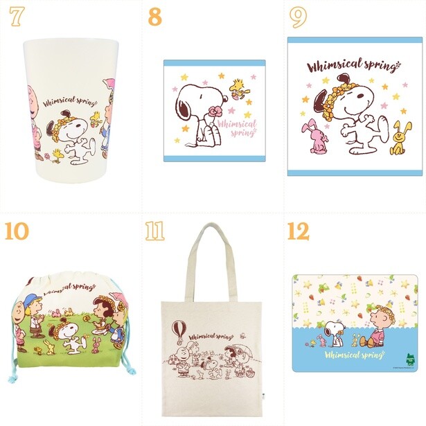 7.「2WAYタンブラー」(2420円)　8.「ミニタオル」(715円)　9.「ウォッシュタオル」(770円)　10.「ランチ巾着」(1320円)　11.「リネントートバッグ」(2640円)　12.「マウスパッド」(1100円)　