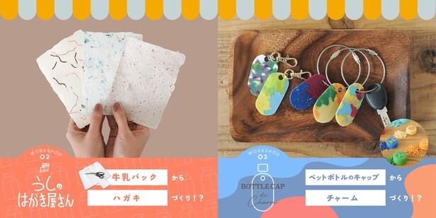 写真左から「2. うしのはがき屋さん」、「3. ペットボトルキャップでチャームづくり」