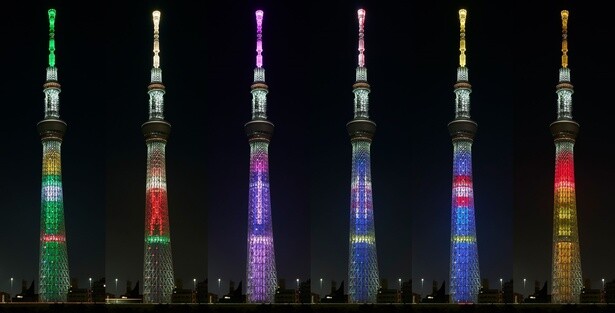 左から順に緑谷出久、 爆豪勝己、麗日お茶子、轟焦凍、オールマイト、ホークスをイメージしたライティング