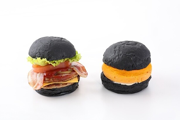 【写真】(左)ビッグジードムバーガー、(右)ジャイアンツカラーのインパクトある見た目が特徴の手作り厚焼きたまごバーガーはオープンから期間限定で販売