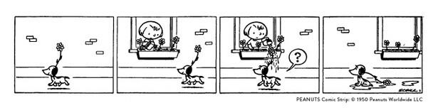 「PEANUTS」は、1950年10月2日にアメリカの新聞7誌で連載がスタート。2日後の10月4日、スヌーピーが初登場した際のコミックがこちら