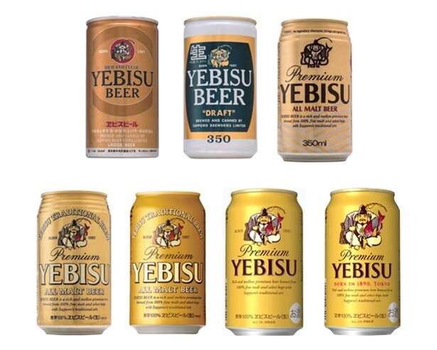 【写真を見る】「ヱビスビール」の缶製品、歴代デザイン。1991年から現在のリアル描写の恵比寿様になった