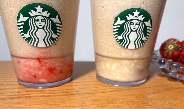 【写真】右はストロベリーボールが割れた状態。ミルクコーヒー味が、ストロベリーミルクコーヒー味に変化する