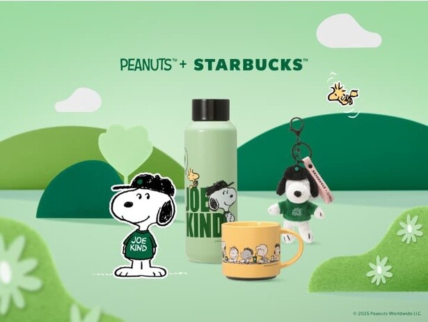 「PEANUTS ステンレスボトル グリーン 473ml」(5900円、左)などPEANUTSとスターバックスのグローバルコラボレーションアイテムはオンラインストアにて発売